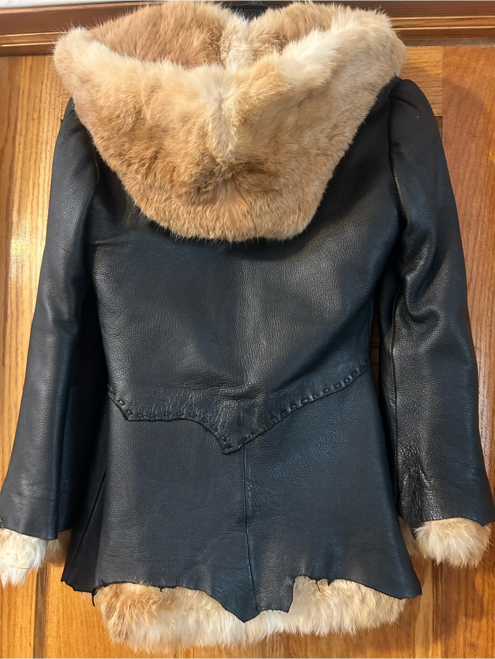 PENNY LANE Black Leather Coat with Tan Rabbit Fur Trim - Women's Jacket 70’s
